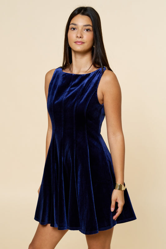 VELVETY FLARE BOAT NECKLINE MINI DRESS