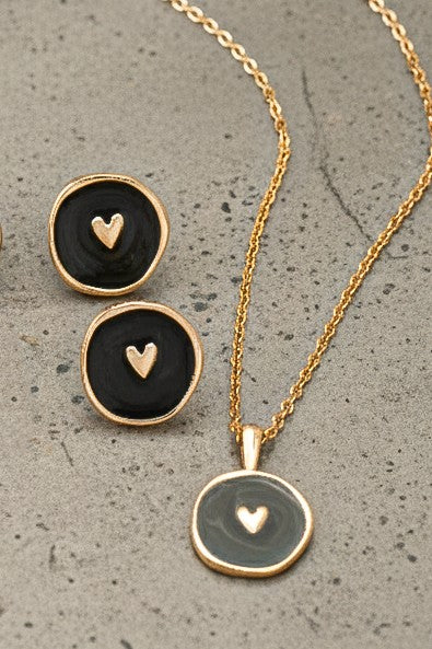 EMBOSSED HEART COIN NECKLACE AND EARRINGS SET