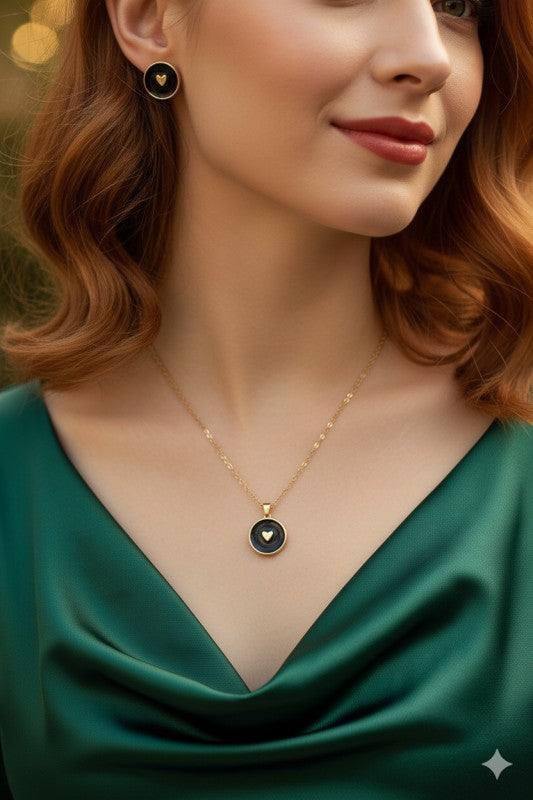 EMBOSSED HEART COIN NECKLACE AND EARRINGS SET