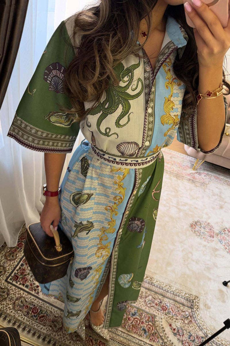 Ocean themed Print Button-Up Shirt Dress