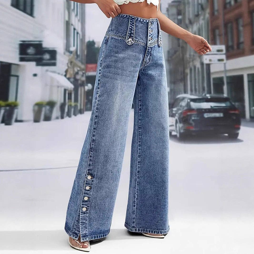 Women's High Wide Leg Jeans with Decorative Side Buttons