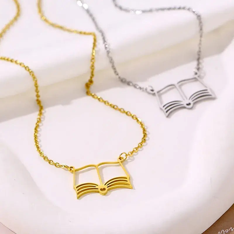 18K Gold Book Lover Pendant Necklace – Stainless Steel