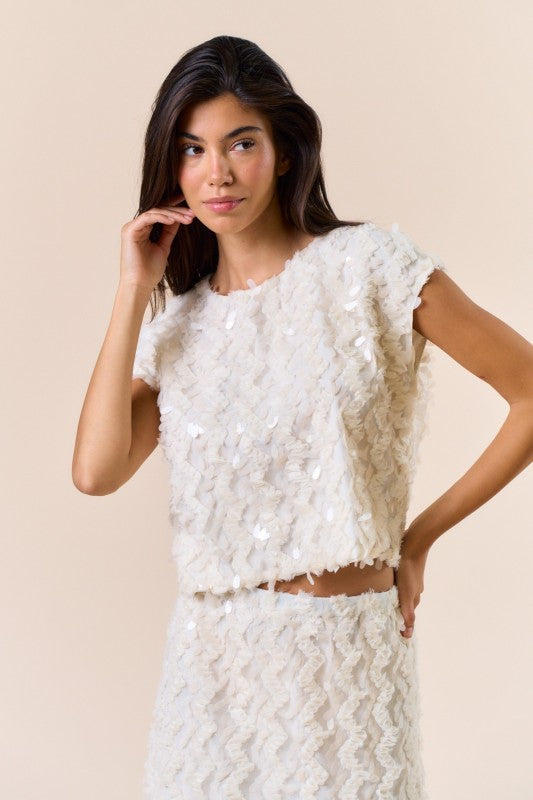 FEATHER SEQUIN WAVE TOP AND SKIRT SET