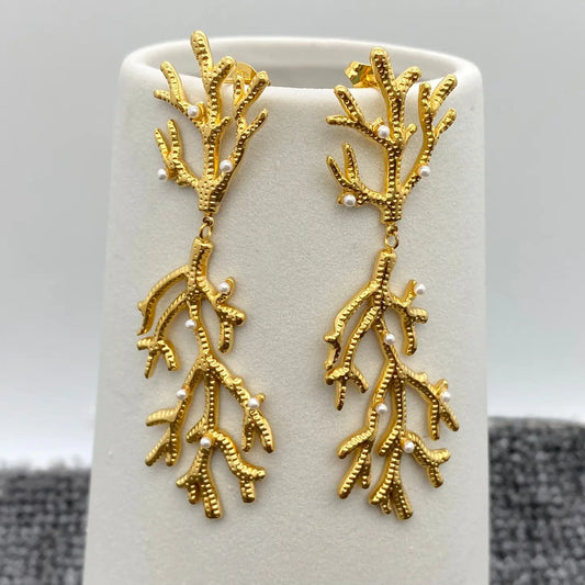 GOLD AND PEARL CORAL DANGLE EARRINGS