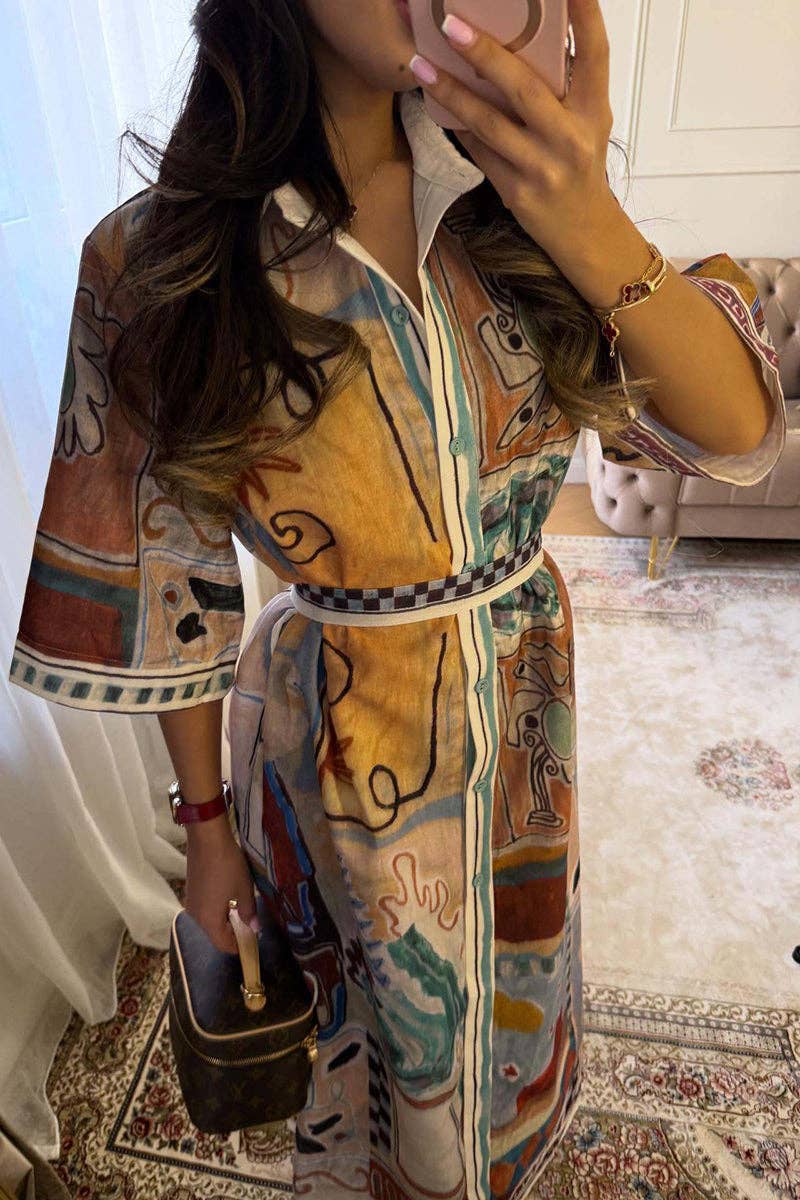 Ocean themed Print Button-Up Shirt Dress