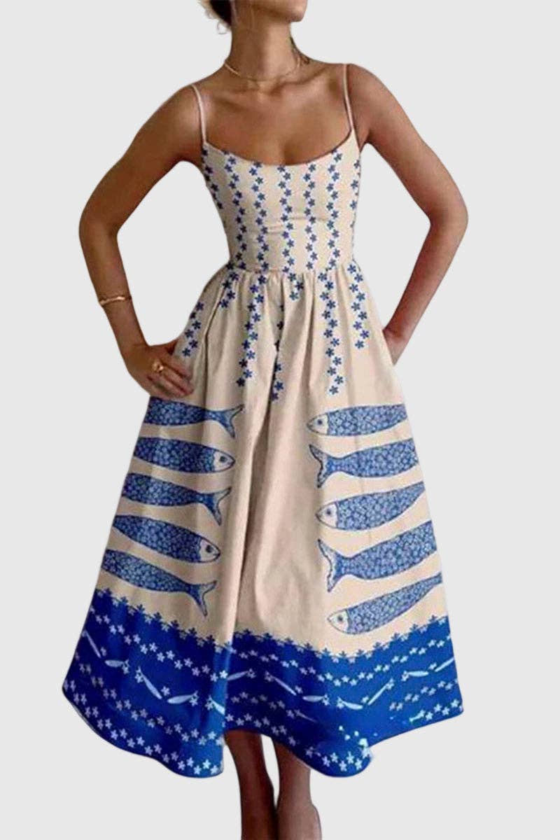 Fish Print Spaghetti Strap Midi Dress