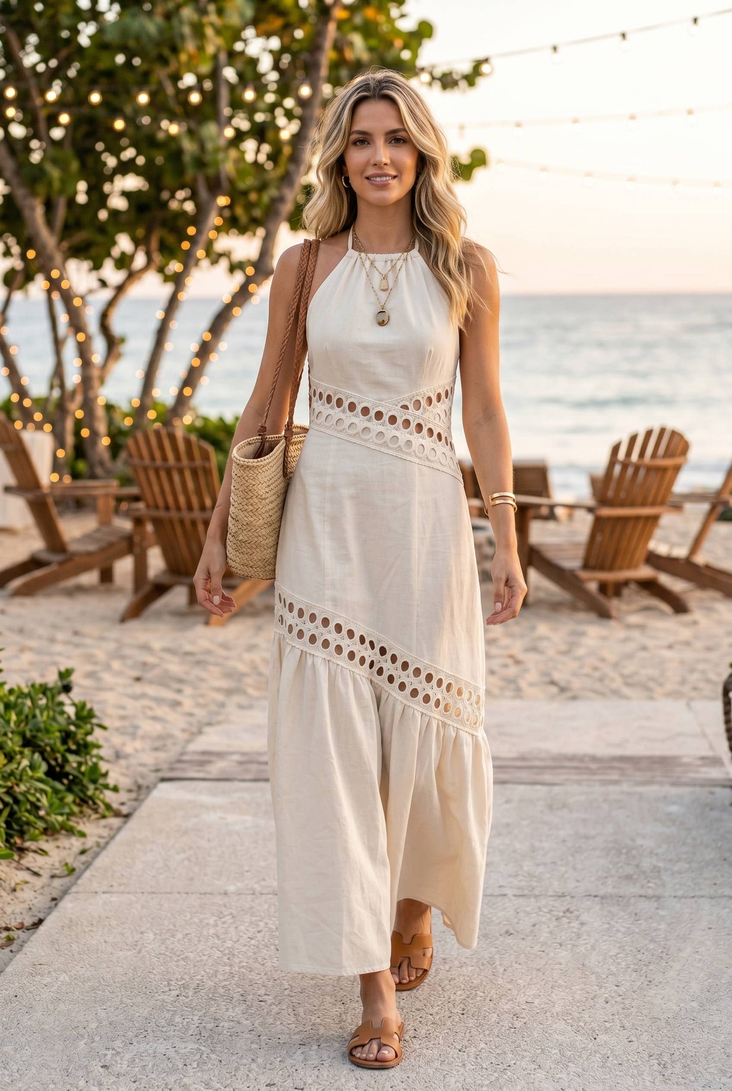 Cutwork lace trimmed maxi dress with halter neckline