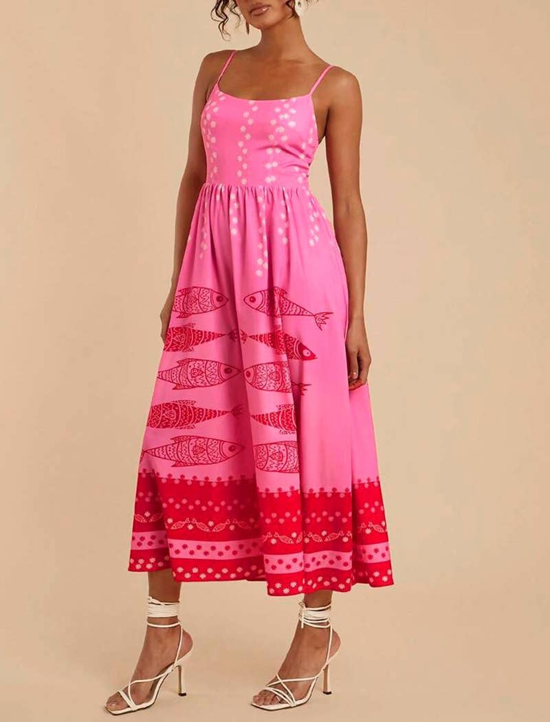 Pink Fish Print Spaghetti Strap Midi Dress