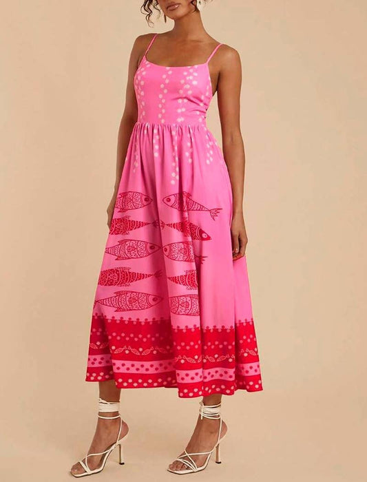 Pink Fish Print Spaghetti Strap Midi Dress