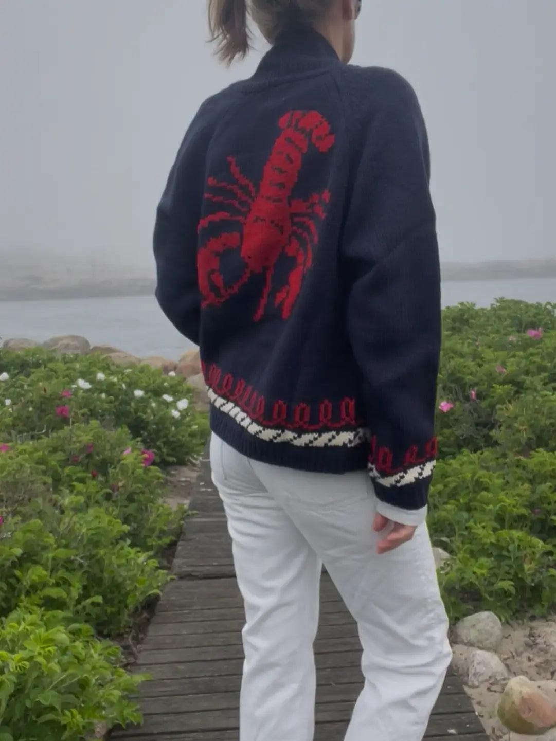 NAVY RED LOBSTER VARSITY CARDIGAN
