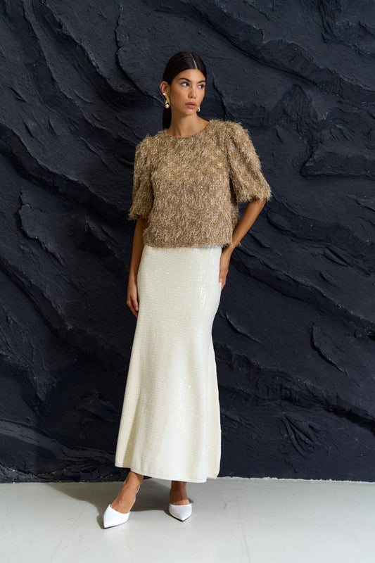 ELEGANT SEQUIN OVER WOVEN KNIT TOP & SKIRT SET
