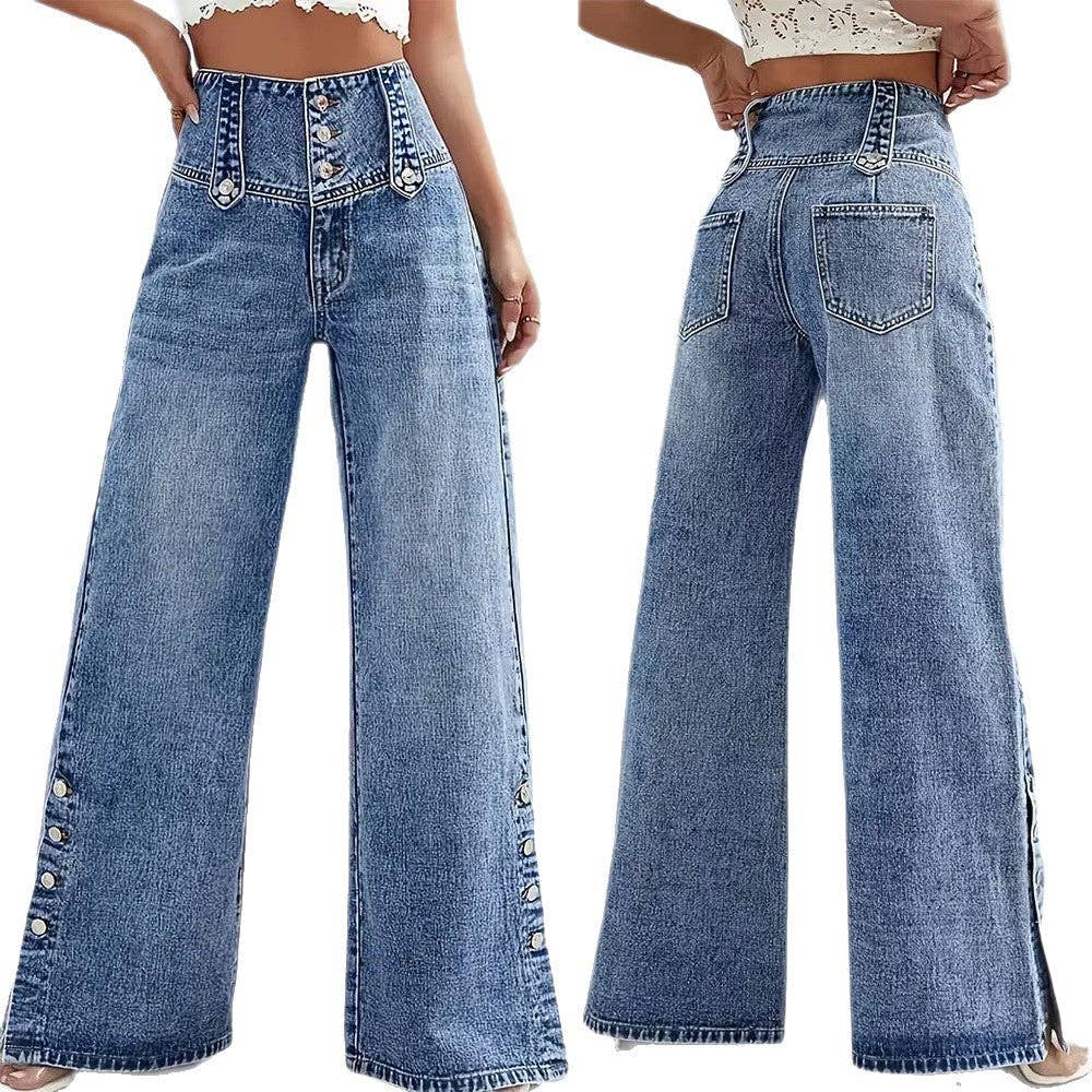 Women's High Wide Leg Jeans with Decorative Side Buttons
