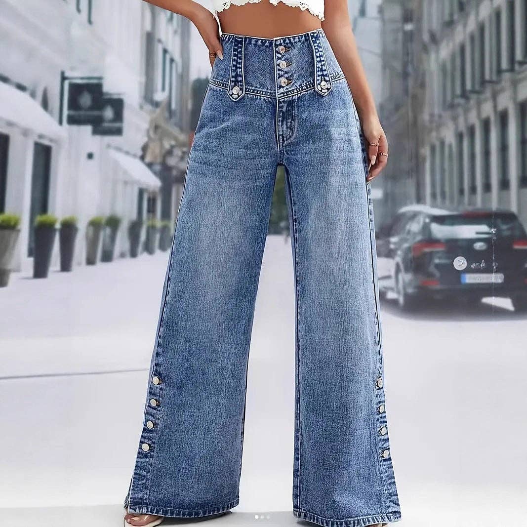 Women's High Wide Leg Jeans with Decorative Side Buttons