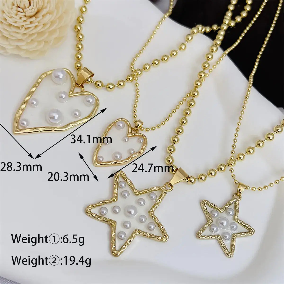 Gold Beaded Pearl Necklace with Heart or Star Pendant