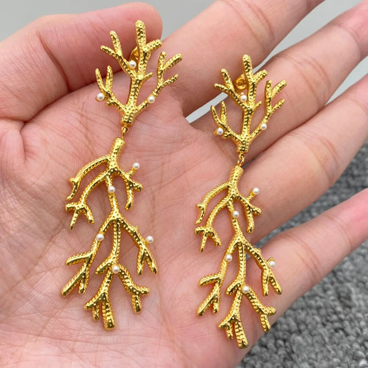 GOLD AND PEARL CORAL DANGLE EARRINGS