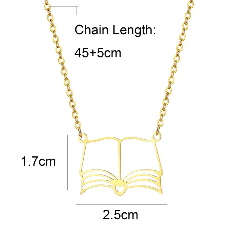 18K Gold Book Lover Pendant Necklace – Stainless Steel