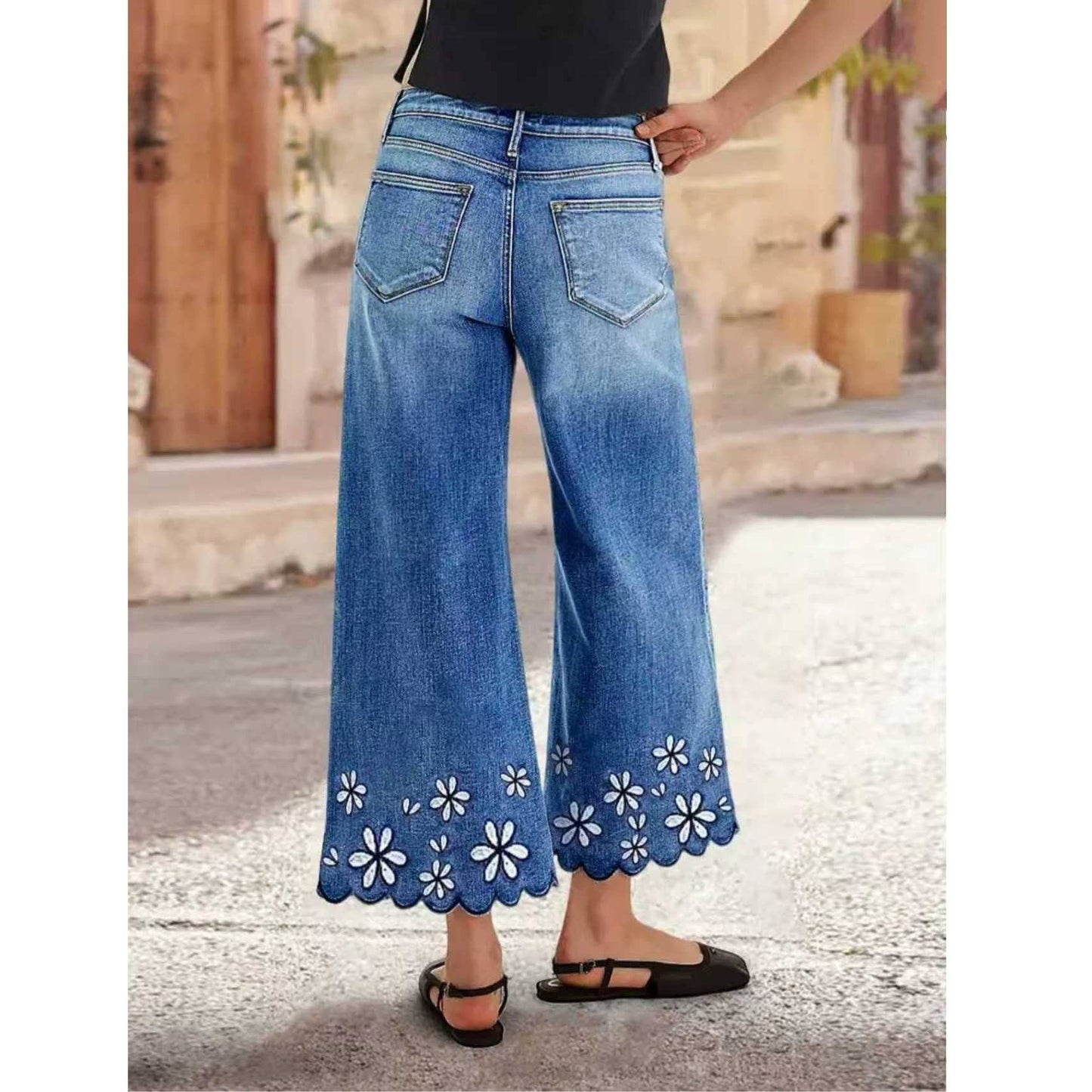 Boho Chic Floral Embroidered Wide Leg Jeans