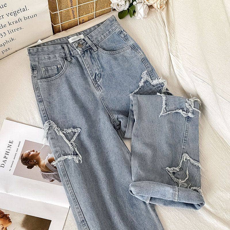 Star Patch Loose High Waist Straight Leg Jeans