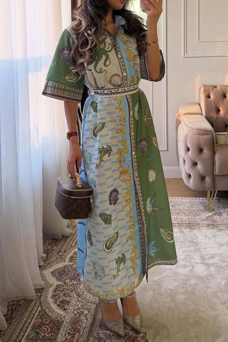Ocean themed Print Button-Up Shirt Dress