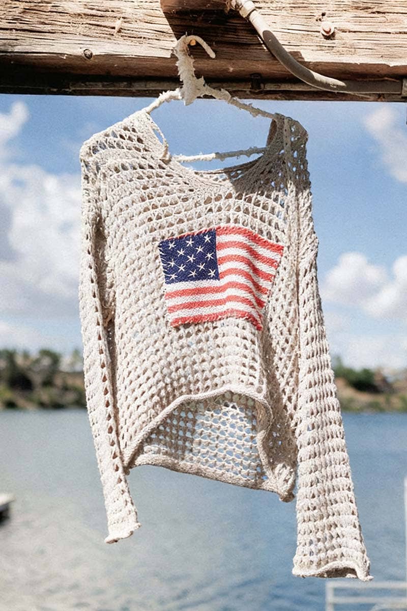 Mesh Knit Hoodie Flag Sweater