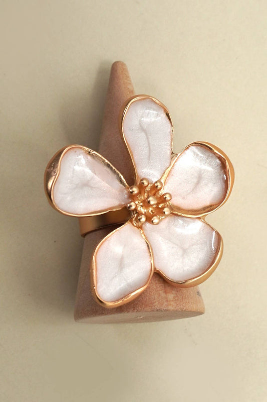 ADJUTABLE WHITE ENAMEL GOLD FLORAL STATEMENT RING