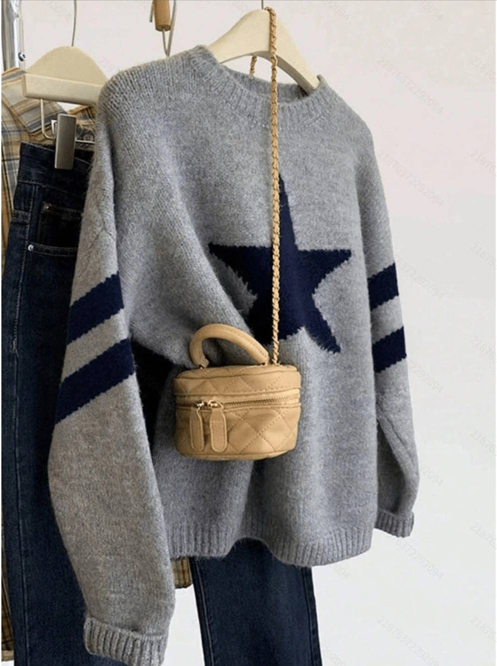 Star Graphic Crew Neck Knit Pullover Sweater