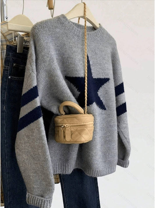 Star Graphic Crew Neck Knit Pullover Sweater