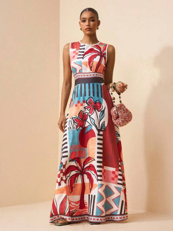 New Bohemian Tropical Print Maxi Dress