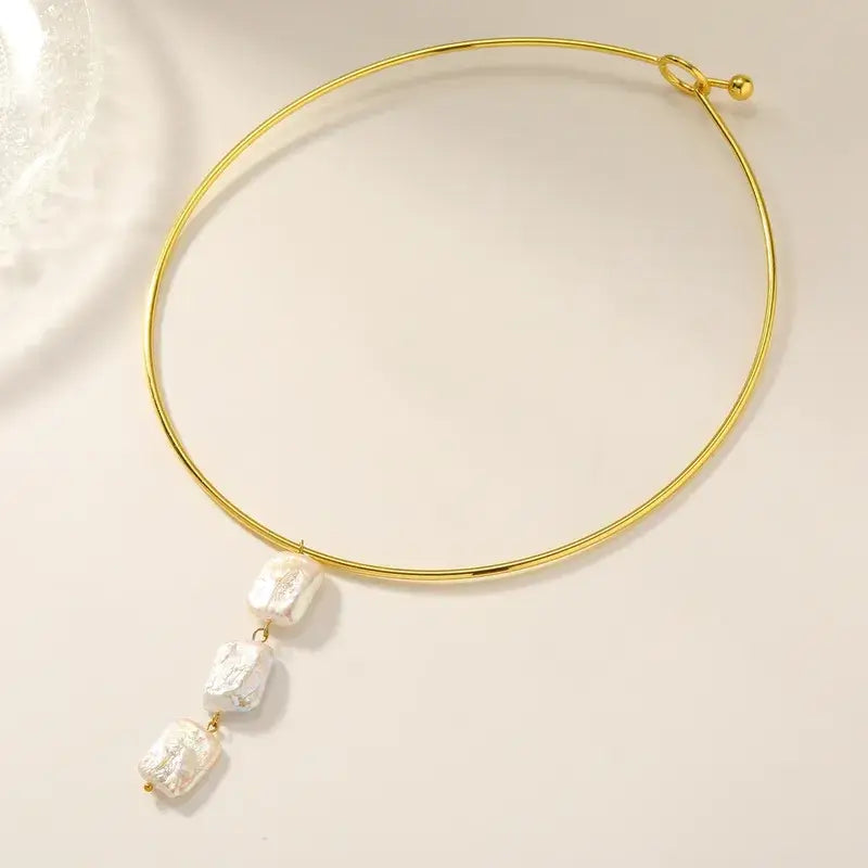 Tubular Gold Collar Necklace with Freshwater Pearls