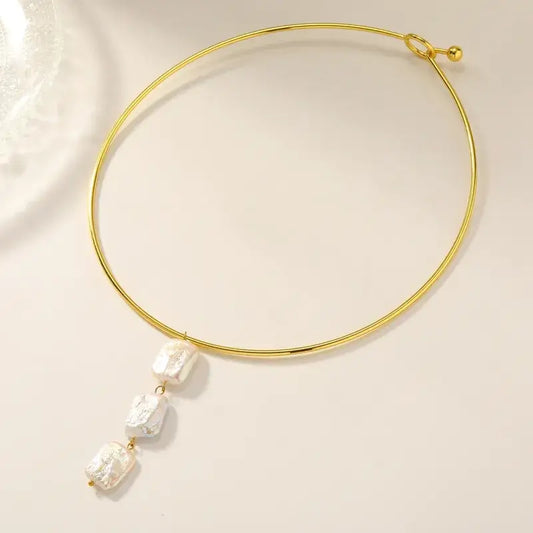 Tubular Gold Collar Necklace with Freshwater Pearls