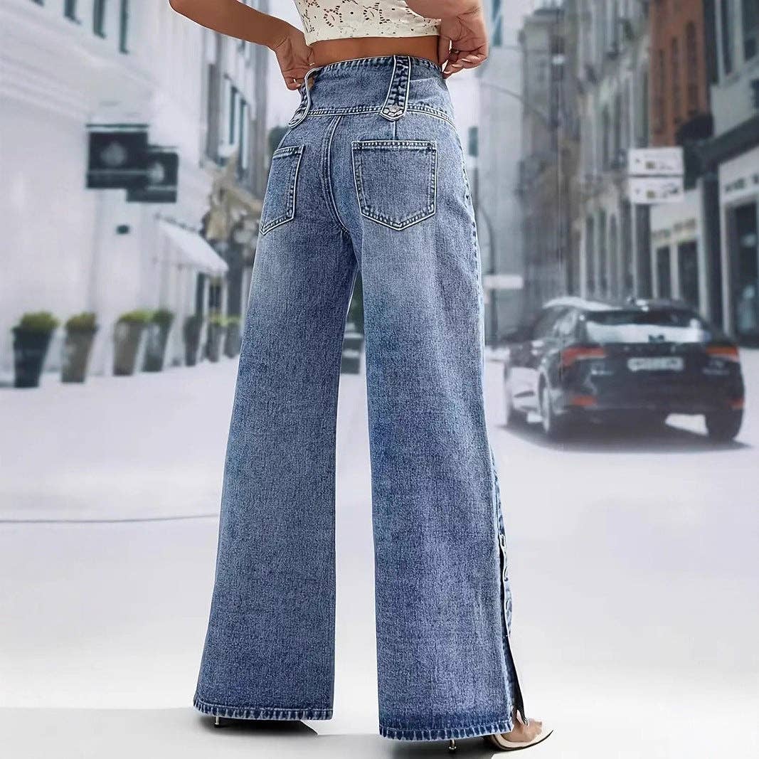Women's High Wide Leg Jeans with Decorative Side Buttons