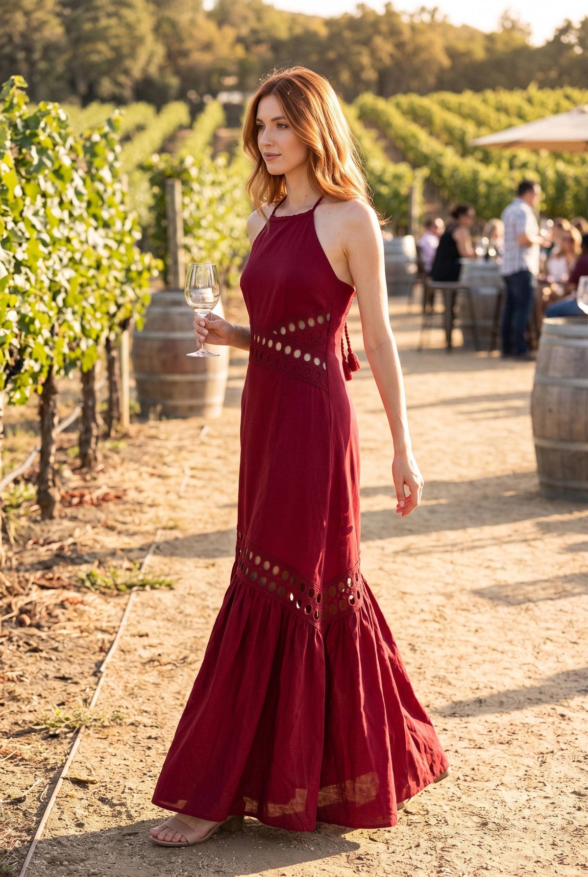 Cutwork lace trimmed maxi dress with halter neckline