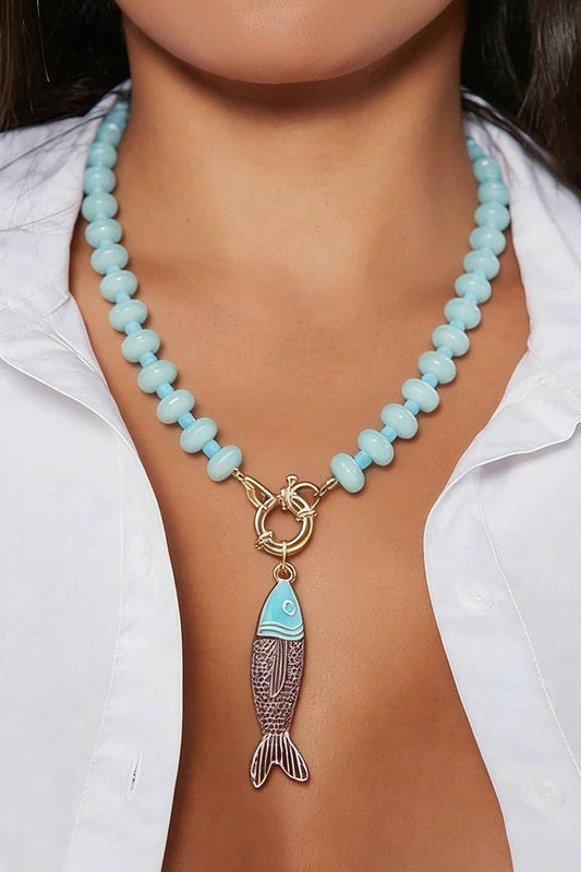 Blue Oceans Fish Pendant Beaded Necklace