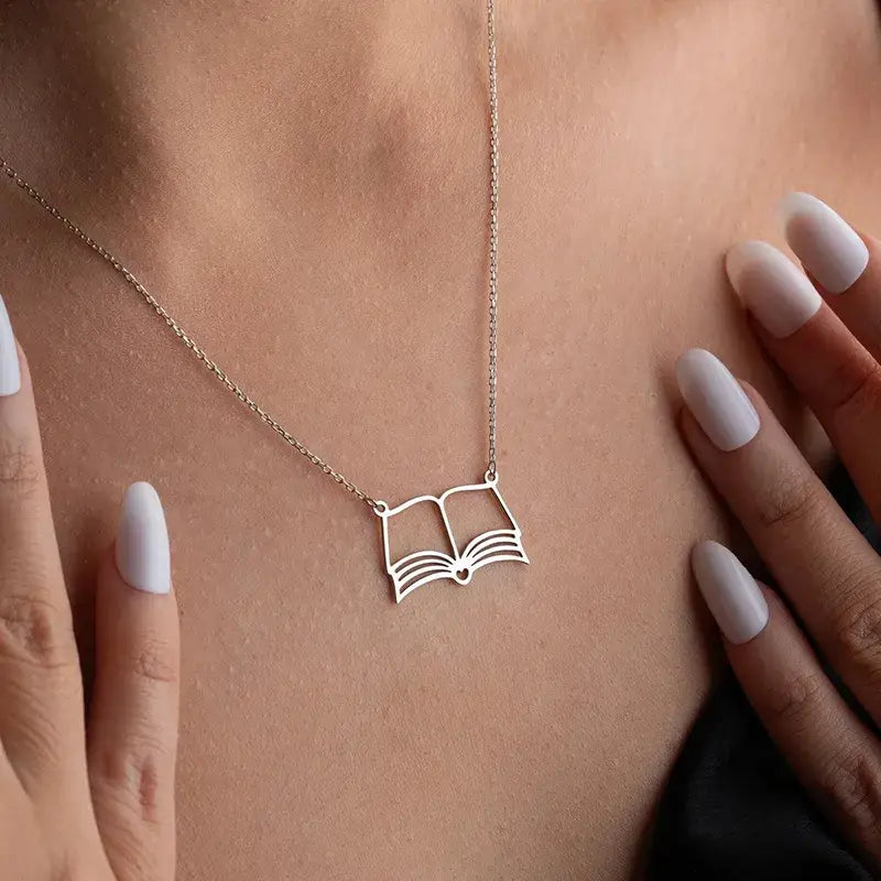 18K Gold Book Lover Pendant Necklace – Stainless Steel