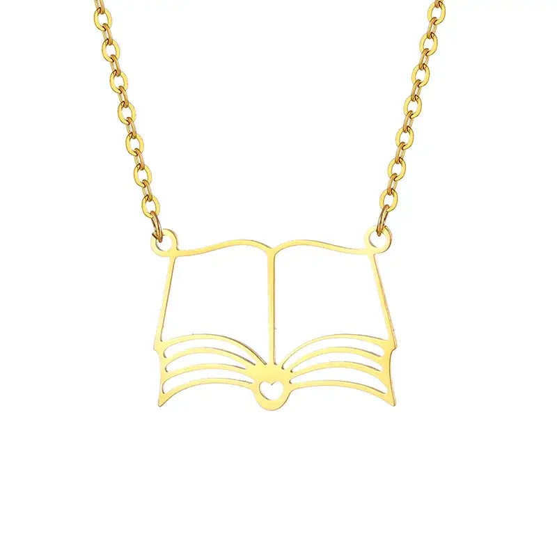18K Gold Book Lover Pendant Necklace – Stainless Steel