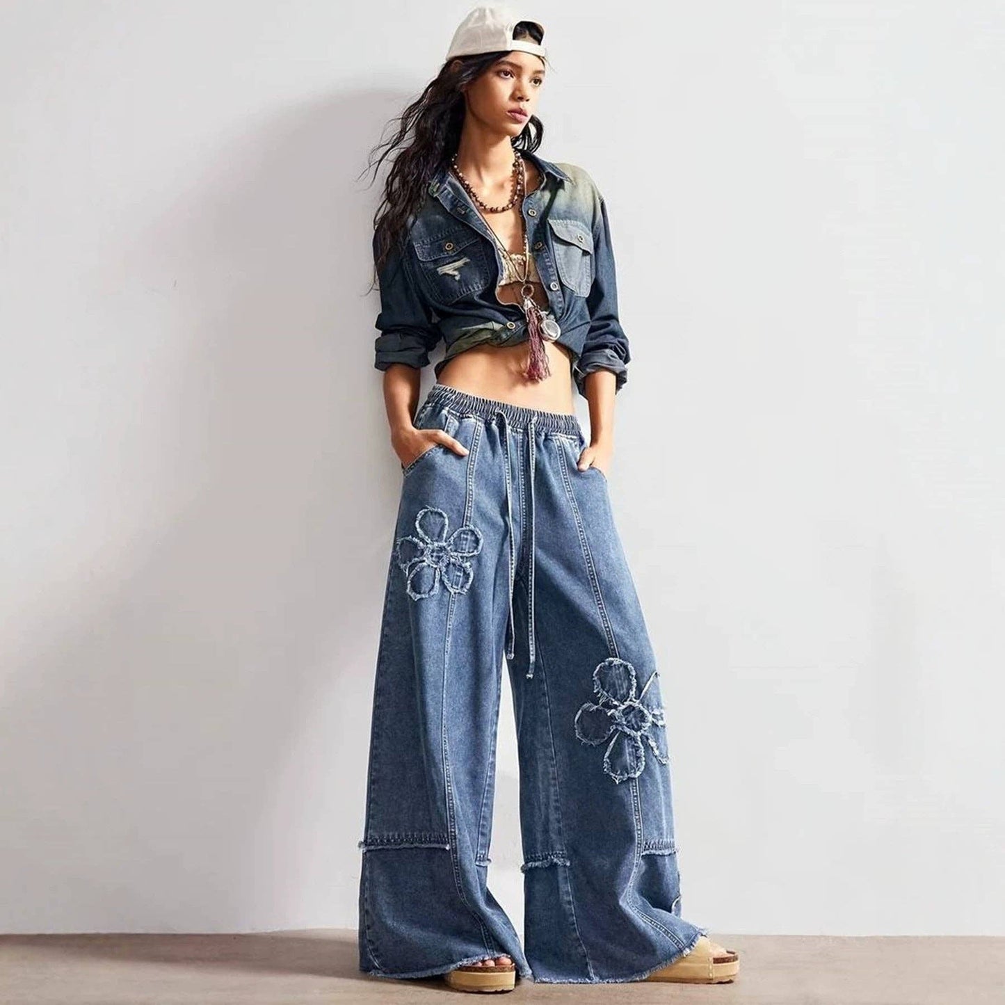Vintage Boho Floral Patch Wide Leg Denim Pants