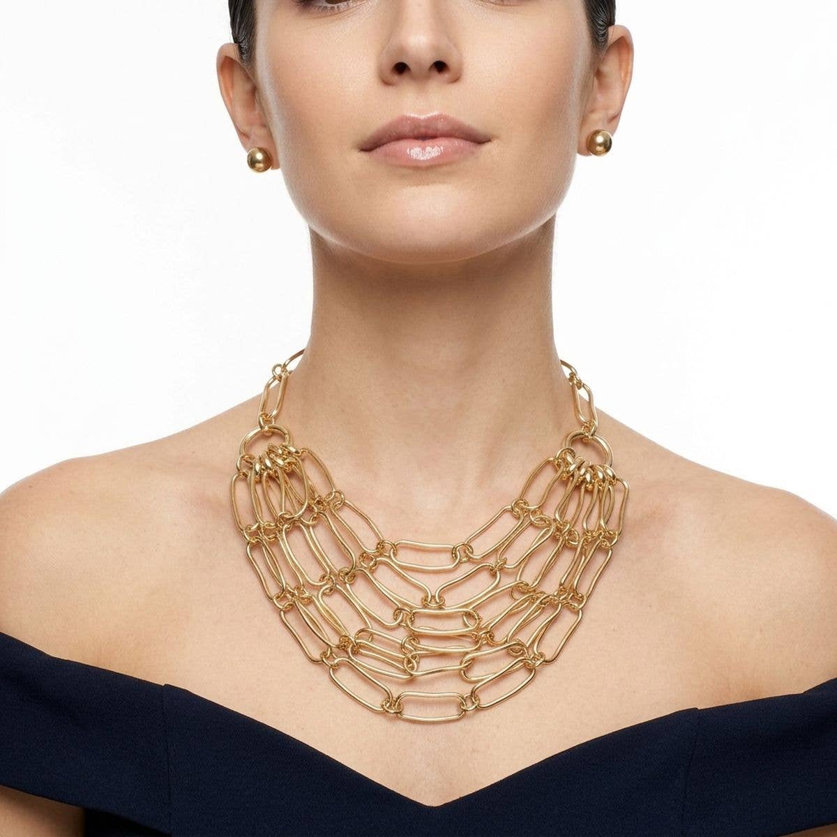 6 Row Gold Long Oval Link Layered Chain Necklace