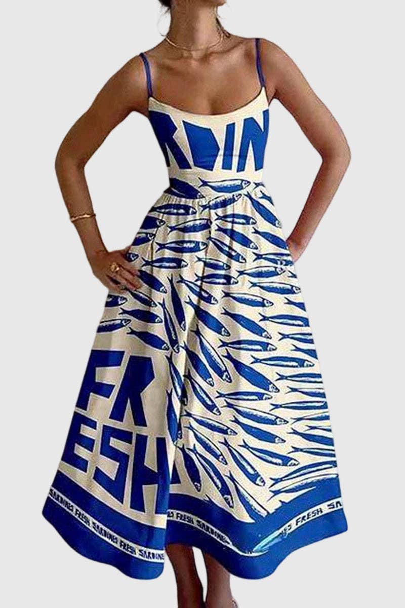 Fish Print Spaghetti Strap Midi Dress