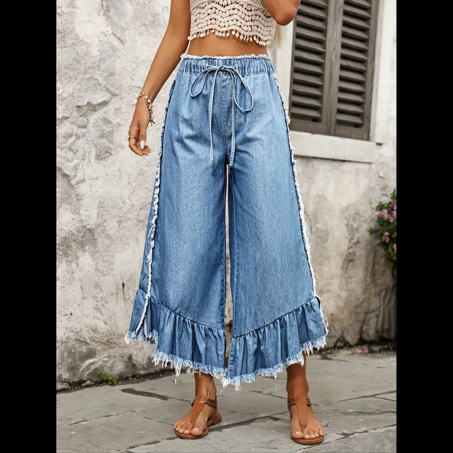 Women's Casual Elastic Waist Wide Leg Jeans
