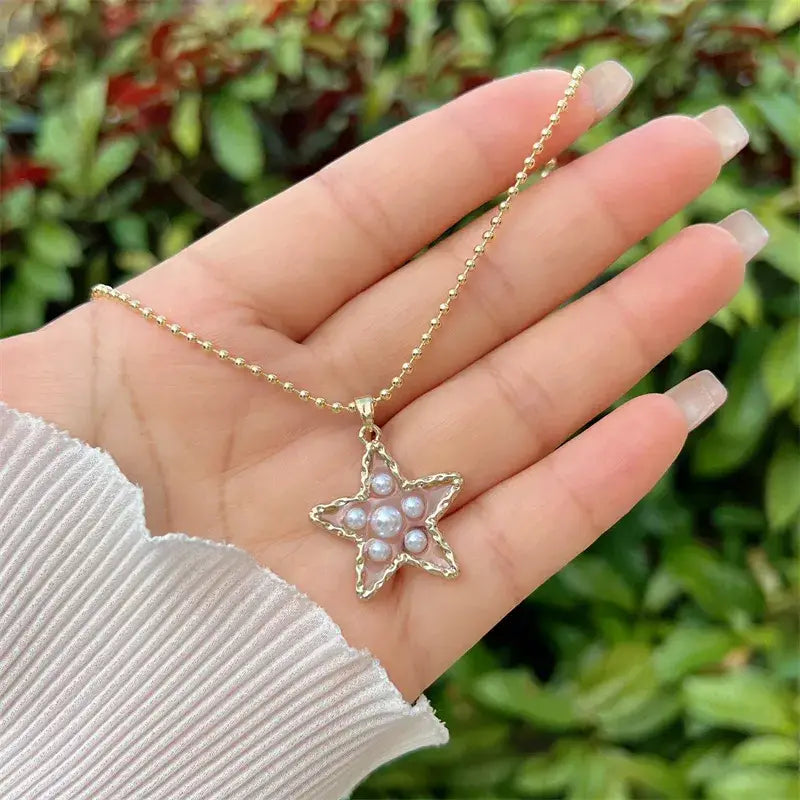 Gold Beaded Pearl Necklace with Heart or Star Pendant