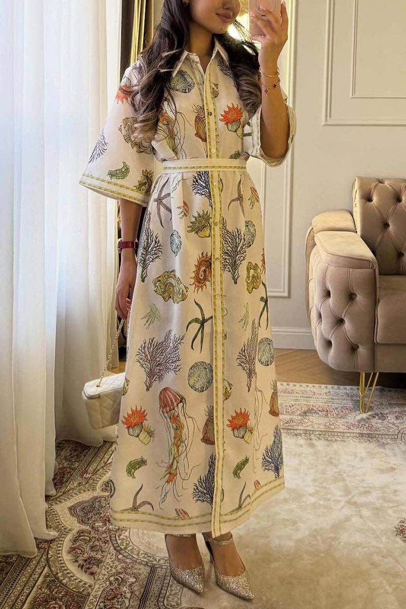 Ocean themed Print Button-Up Shirt Dress