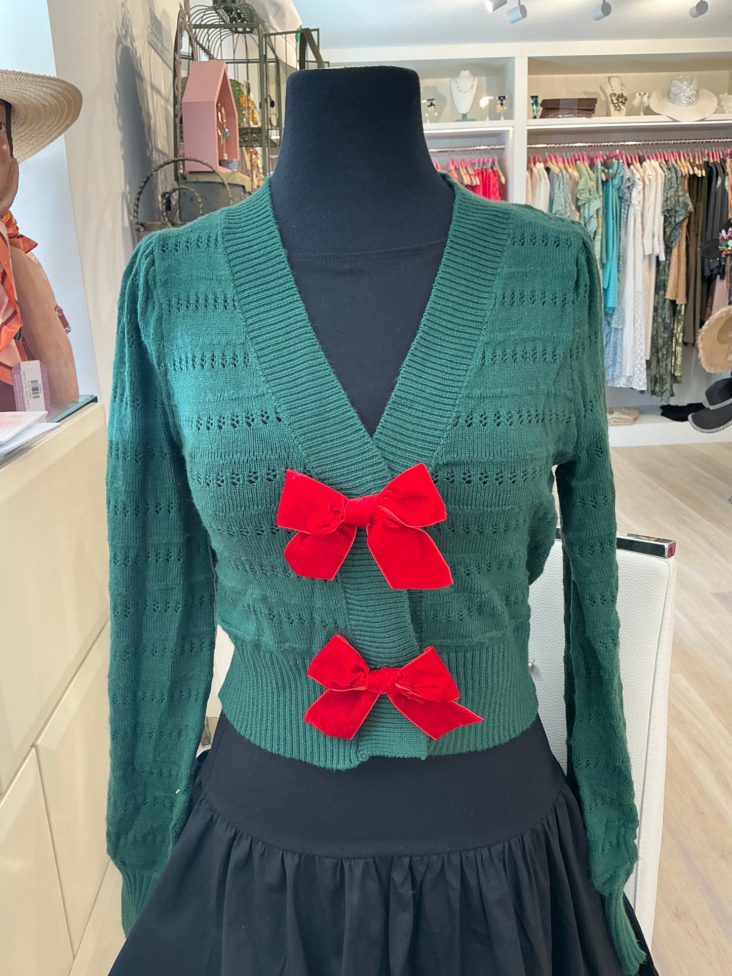 HOLIDAY EVERGREEN BOW SWEATER