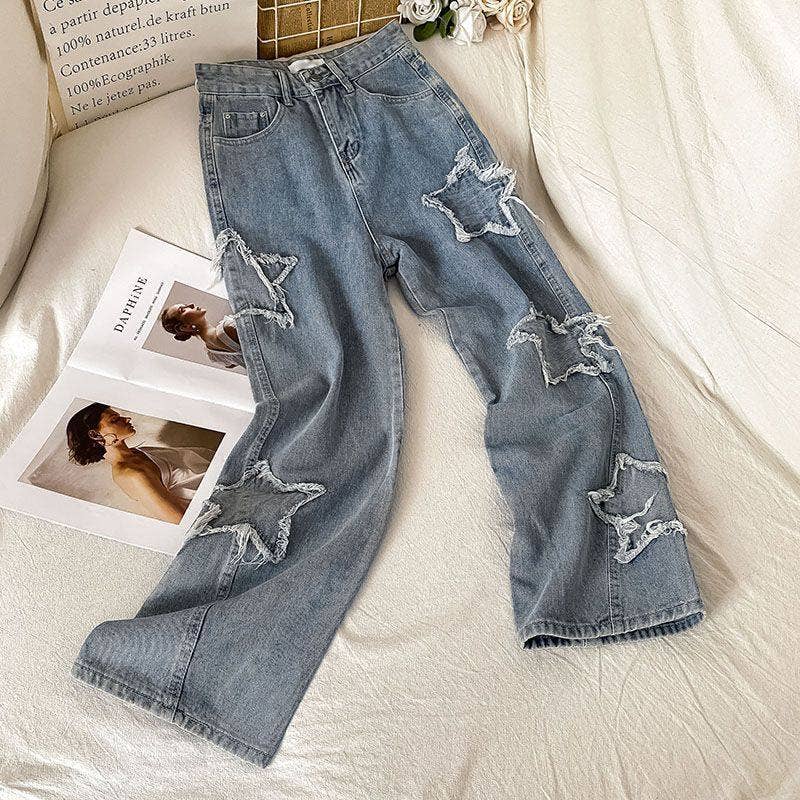 Star Patch Loose High Waist Straight Leg Jeans