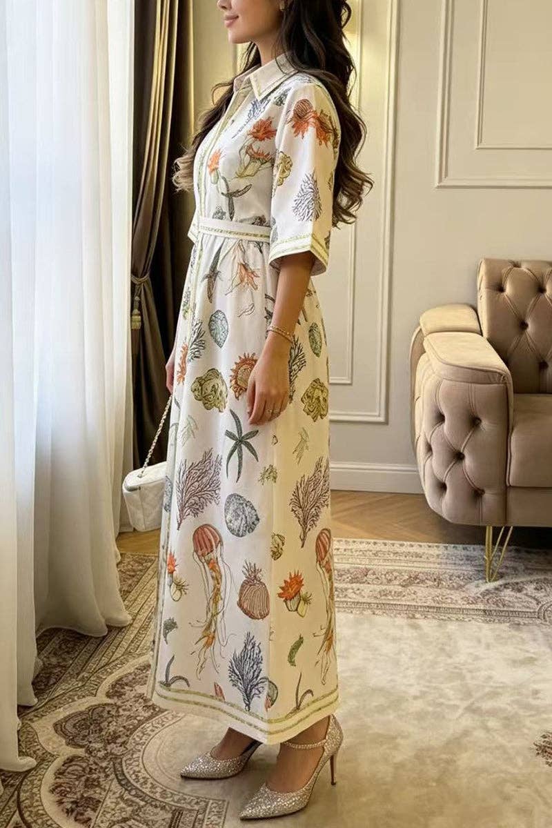 Ocean themed Print Button-Up Shirt Dress