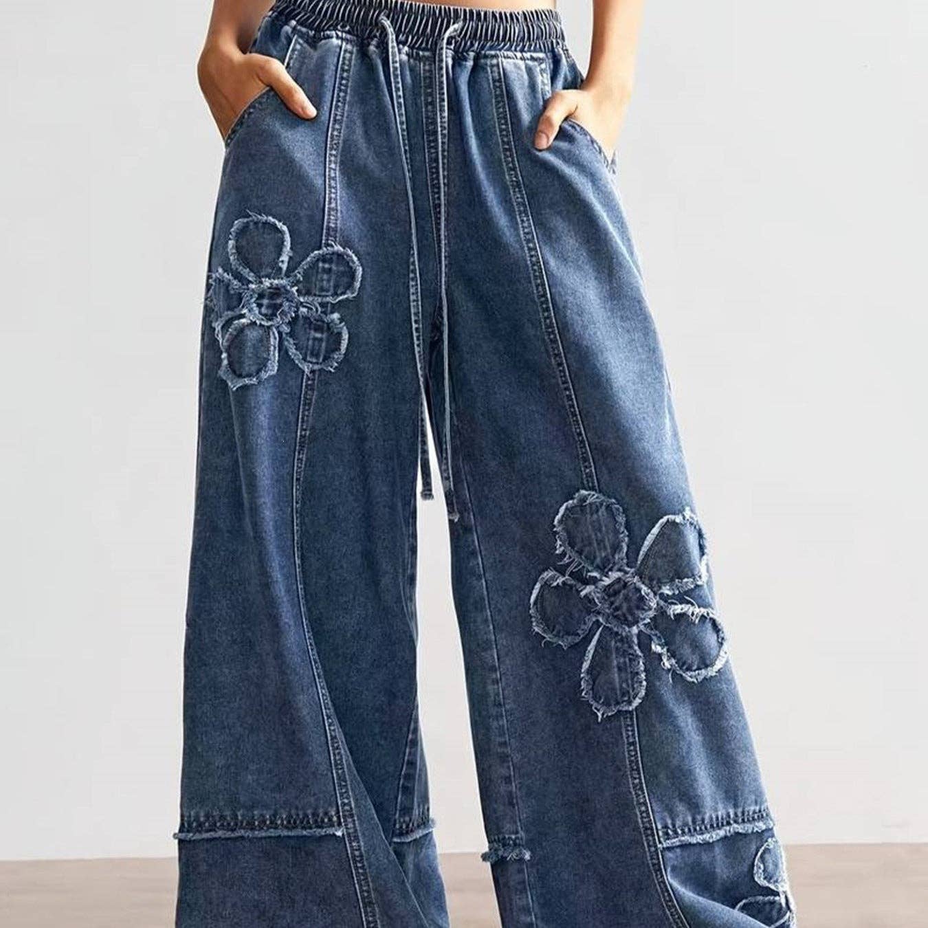 Vintage Boho Floral Patch Wide Leg Denim Pants