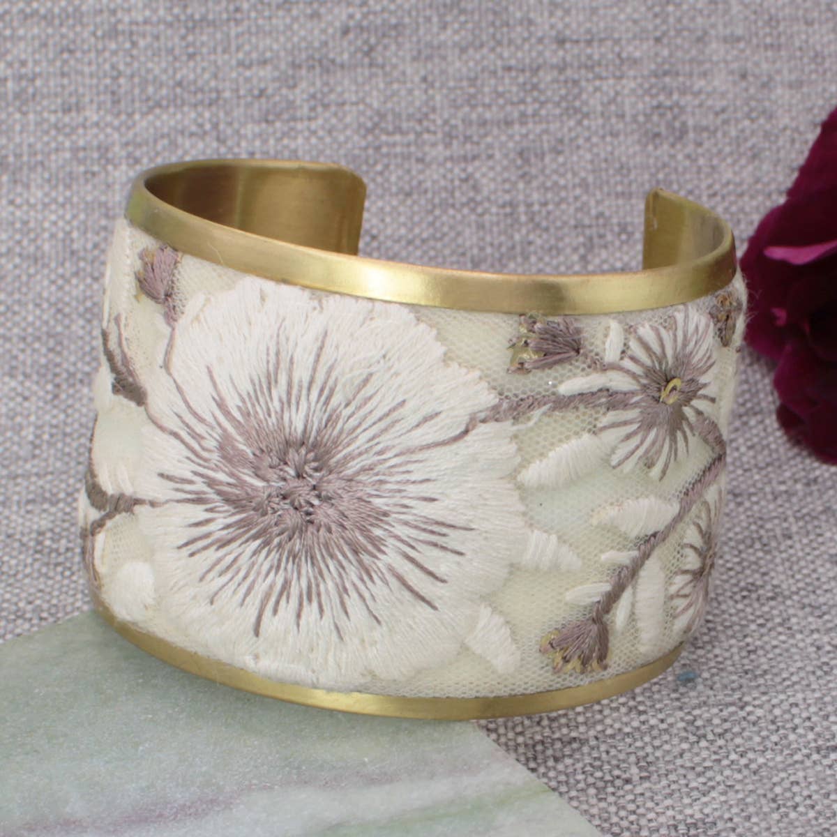 Cream Floral Embroidered Cuff Bracelet