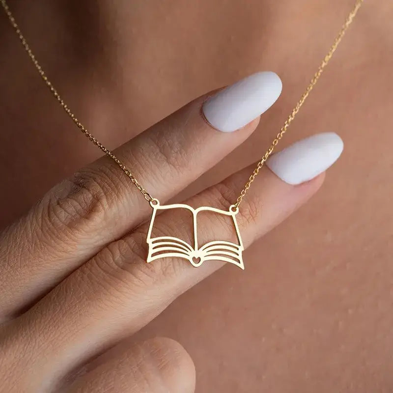 18K Gold Book Lover Pendant Necklace – Stainless Steel