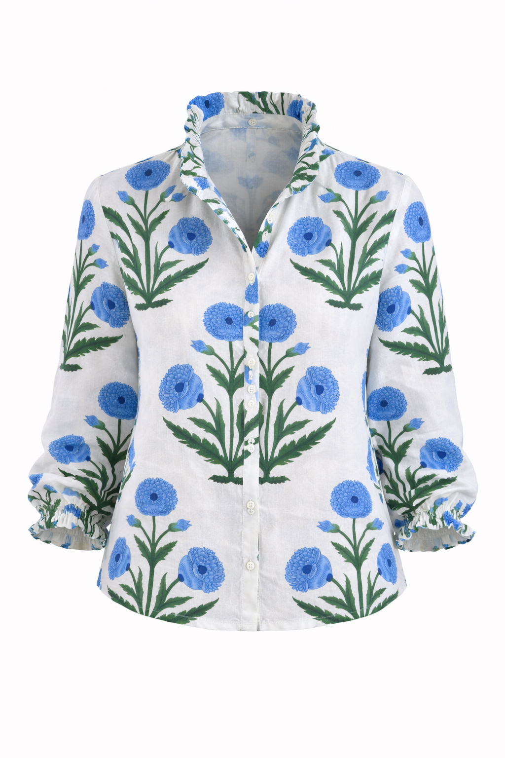 Big Blue & Green Floral Print Women's Button Up Ruffled Set