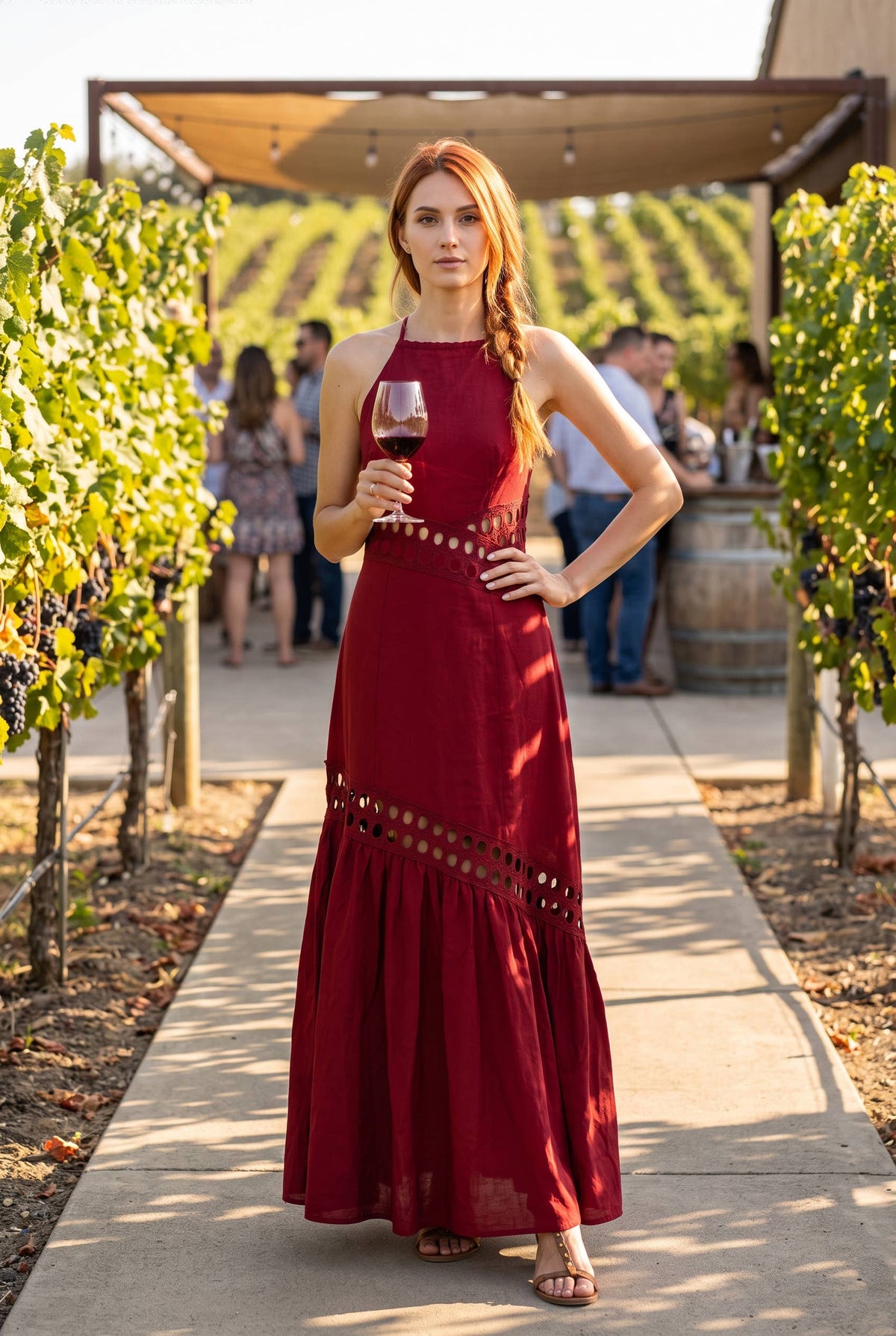 Cutwork lace trimmed maxi dress with halter neckline