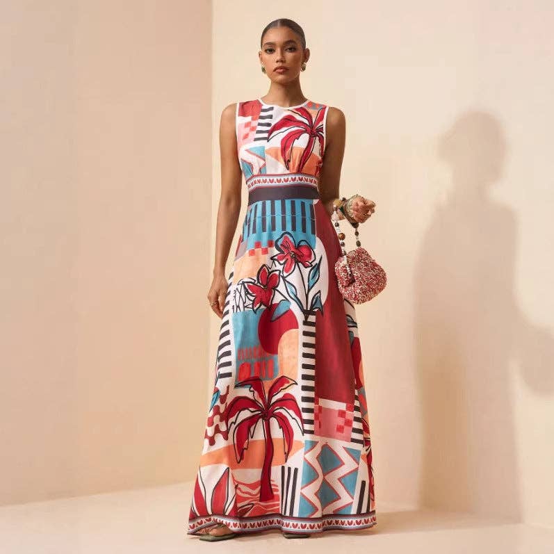 New Bohemian Tropical Print Maxi Dress